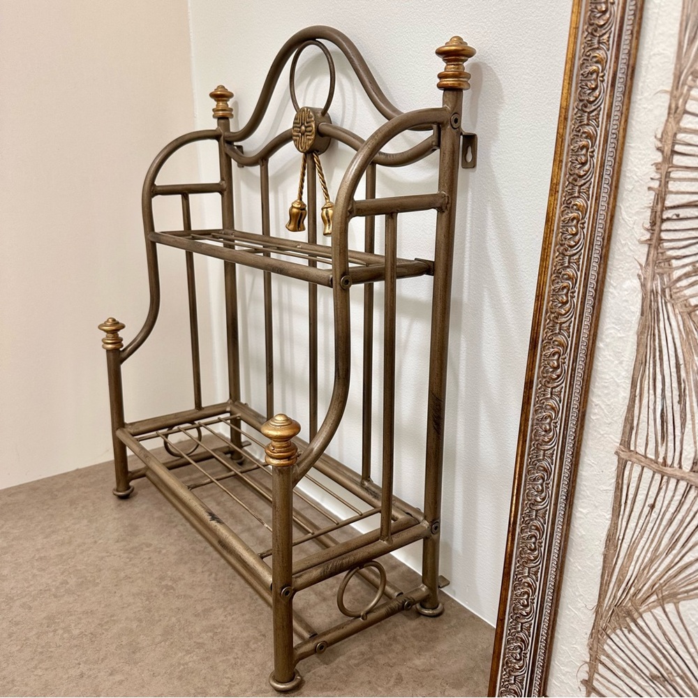 Vintage metal 2 tier wall table shelf gold brass tones tassels gorgeous like new - Picture 2 of 15
